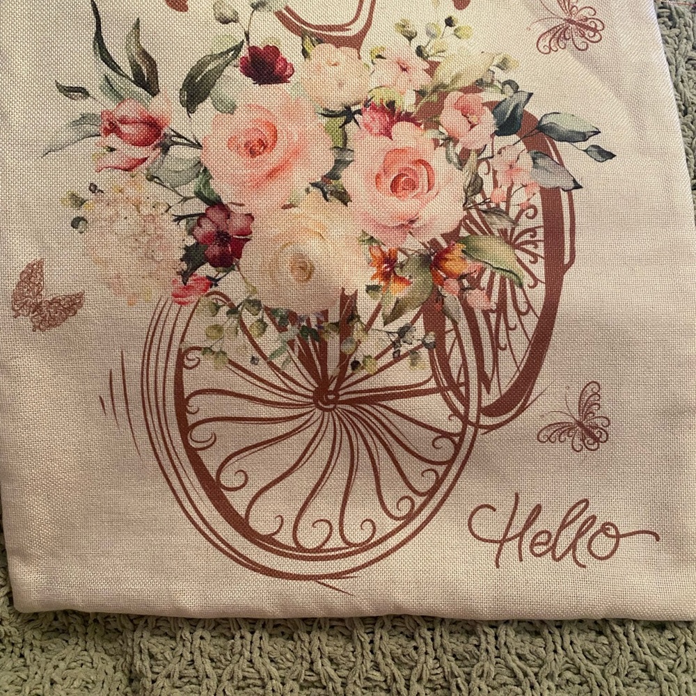 Floral Accent Pillow with Bicycle Design